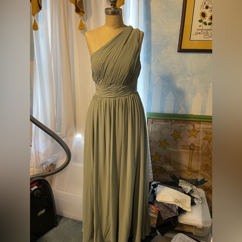 Azizie light blue green one shoulder gown with pleating for special occasions